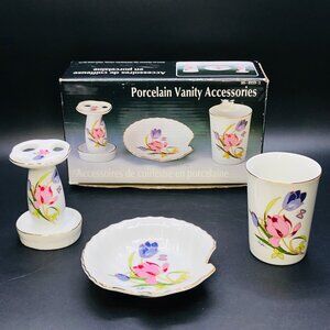 80s Floral Porcelain Vanity Accessory SET - toothbrush holder/soap dish/cup- NOS